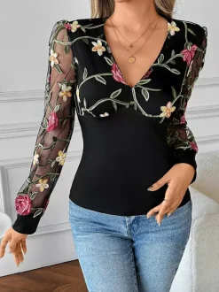Floral Embroidered V-Neck Long Sleeves Blouse For Women 2026