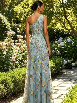 Floral Embroidery Tulle Maxi Dress One Shoulder Draped Neck High Slit Wedding Guest Formal Gown
