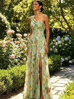 Floral Embroidery Tulle Maxi Dress One Shoulder Draped Neck High Slit Wedding Guest Formal Gown