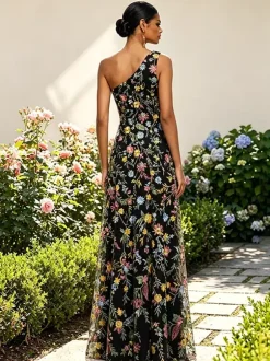 Floral Embroidery Tulle Maxi Dress One Shoulder Draped Neck High Slit Wedding Guest Formal Gown