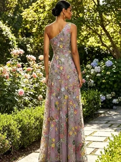 Floral Embroidery Tulle Maxi Dress One Shoulder Draped Neck High Slit Wedding Guest Formal Gown
