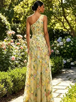 Floral Embroidery Tulle Maxi Dress One Shoulder Draped Neck High Slit Wedding Guest Formal Gown
