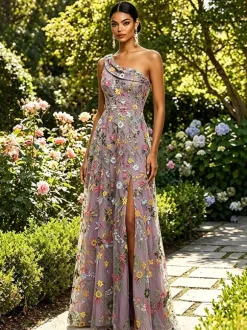 Floral Embroidery Tulle Maxi Dress One Shoulder Draped Neck High Slit Wedding Guest Formal Gown