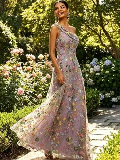 Floral Embroidery Tulle Maxi Dress One Shoulder Draped Neck High Slit Wedding Guest Formal Gown