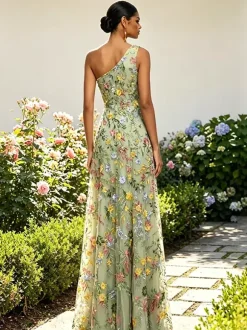 Floral Embroidery Tulle Maxi Dress One Shoulder Draped Neck High Slit Wedding Guest Formal Gown