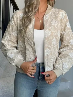 Floral Jacquard Women's Bomber Jacket - Elegant 3D Embossed Flower Zip Up Slim Fit - Chic Spring Streetwear 2026