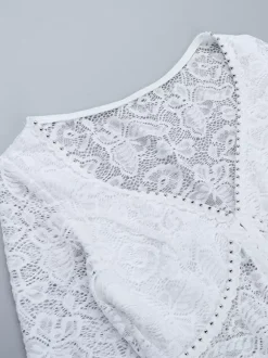 Floral Lace Crop Top For Women - White Elegant Long Sleeve V Neck Slim Fit Blouse - Spring Night Out Clubwear 2026