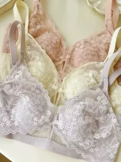 Floral Lace Triangle Bra Wireless Bralette In 3 Colors