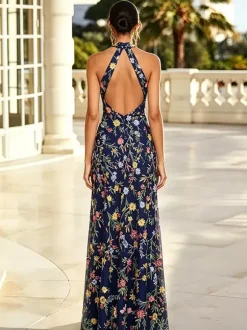 Floral Long Formal Dress Embroidery Tulle Maxi Dress Halter Keyhole Front Open Back High Slit Wedding Guest Gown