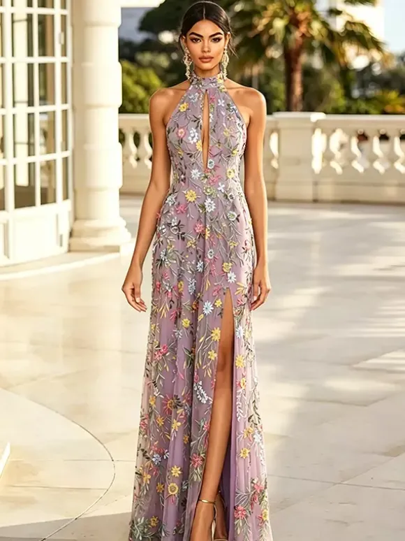 Floral Long Formal Dress Embroidery Tulle Maxi Dress Halter Keyhole Front Open Back High Slit Wedding Guest Gown
