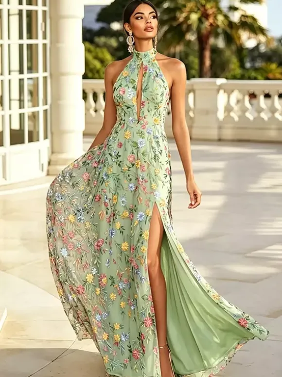 Floral Long Formal Dress Embroidery Tulle Maxi Dress Halter Keyhole Front Open Back High Slit Wedding Guest Gown