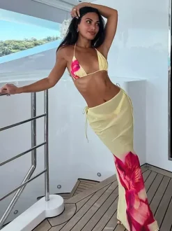 Floral Print 3 Piece Swimsuit Set For Women - Halter Triangle Bikini With Maxi Skirt Cover Up - Summer Beach Resort 2026