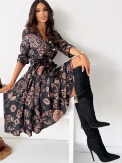 Floral Print Casual Long Sleeves Midi Dress