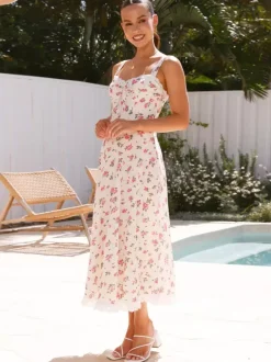 Floral Print Lace Trim Sleeveless Long Dress For Summer 2026