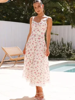 Floral Print Lace Trim Sleeveless Long Dress For Summer 2026