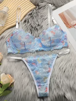 Floral Print Lingerie Chic Light Sky Blue Thong 2-Piece Bra T-back Sets