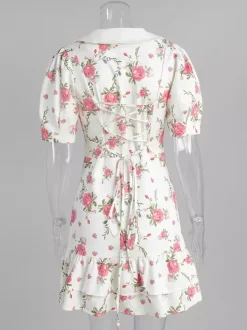 Floral Print Puff Sleeves Mini Dress With Peter Pan Collar And Back Lace-up For Summer 2026