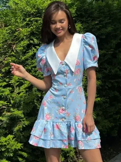 Floral Print Puff Sleeves Mini Dress With Peter Pan Collar And Back Lace-up For Summer 2026