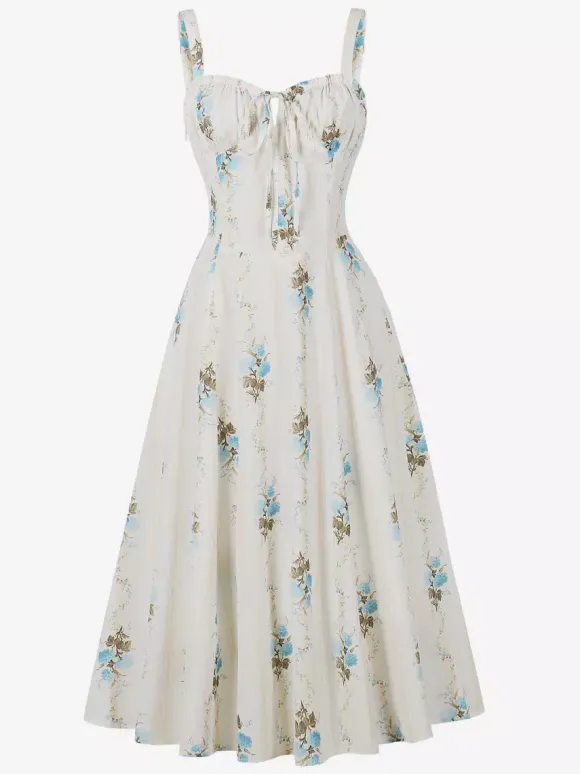 Floral Print Ruched Bust Sleeveless A Line Midi Tea Dress For Women 2026