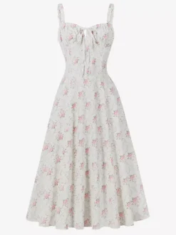 Floral Print Ruched Bust Sleeveless A Line Midi Tea Dress For Women 2026