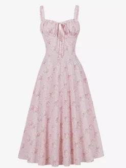 Floral Print Ruched Bust Sleeveless A Line Midi Tea Dress For Women 2026