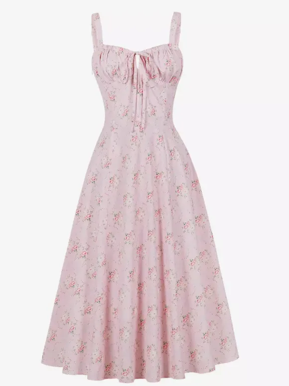 Floral Print Ruched Bust Sleeveless A Line Midi Tea Dress For Women 2026