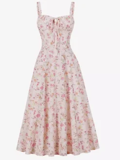 Floral Print Ruched Bust Sleeveless A Line Midi Tea Dress For Women 2026