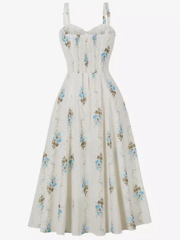 Floral Print Ruched Bust Sleeveless A Line Midi Tea Dress For Women 2026