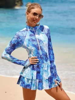 Floral Print Skirted Two Piece Long Sleeve Rash Guard