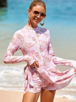 Floral Print Skirted Two Piece Long Sleeve Rash Guard