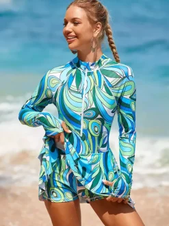 Floral Print Skirted Two Piece Long Sleeve Rash Guard