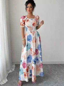 Floral Print Square Neck Maxi Dress For Women Elegant Summer Ready