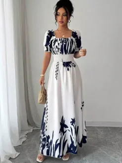 Floral Print Square Neck Maxi Dress For Women Elegant Summer Ready