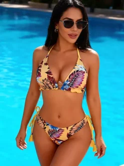 Floral Print Triangle Bikini Set For Women - Tropical Halter Tie Side 2 Piece Swimsuit - Summer Pool Party 2026