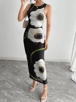 Floral Print Women Maxi Dress - Elegant Ruched Bodycon - 90s Vintage Aesthetic Summer Daily Wear 2026