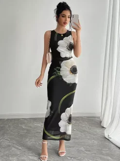 Floral Print Women Maxi Dress - Elegant Ruched Bodycon - 90s Vintage Aesthetic Summer Daily Wear 2026