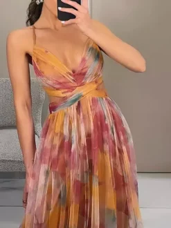 Floral Printed Maxi Strap Dress Cut Out Cross Waist Floor-Length Elegant Long Party Gown For Women 2026