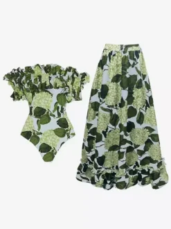 Floral Printed Off- Shoulder Ruffle One-piece Swimsuit And Long Skirt Set 2026