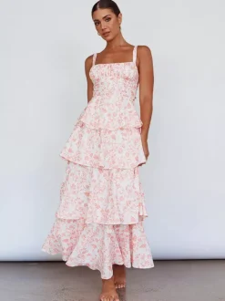 Floral Printed Ruffle Maxi Slip Dress For Women - Boho Tiered A-Line Strappy Sun Dress - Summer Beach Vacation 2026