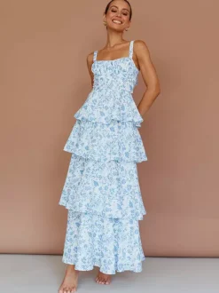 Floral Printed Ruffle Maxi Slip Dress For Women - Boho Tiered A-Line Strappy Sun Dress - Summer Beach Vacation 2026