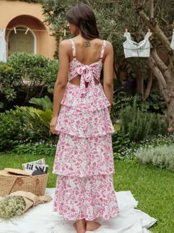 Floral Printed Ruffle Maxi Slip Dress For Women - Boho Tiered A-Line Strappy Sun Dress - Summer Beach Vacation 2026