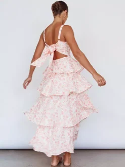 Floral Printed Ruffle Maxi Slip Dress For Women - Boho Tiered A-Line Strappy Sun Dress - Summer Beach Vacation 2026