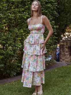 Floral Printed Ruffle Maxi Slip Dress For Women - Boho Tiered A-Line Strappy Sun Dress - Summer Beach Vacation 2026