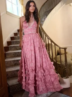 Floral Ruffle Maxi Party Dress With Halter Neckline And High Slit 2026