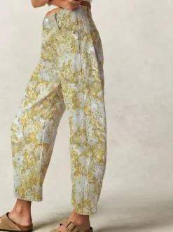 Floral Barrel Jeans For Women -Yellow Retro Horseshoe Baggy Denim Trousers - Spring Casual Streetwear 2026