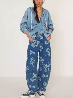 Floral Barrel Leg Jeans For Women - Boho Horseshoe Cut Wide Leg Denim Pants - Spring Music Festival 2026