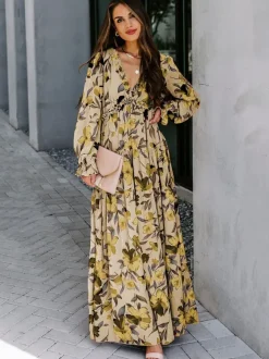 Floral Boho Maxi Dress For Women - High Waist Long Sleeve Ruffle V-Neck Gown - Spring Garden Wedding Guest 2026