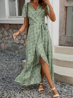 Floral Boho Short Sleeve Wrap Maxi Dress - V Neck Belted High-Low Flowy Sun Dress - Summer Beach Vacation 2026