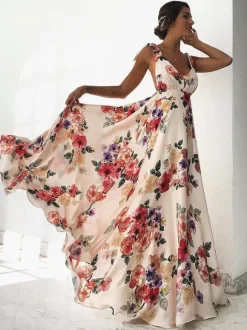 Floral Chiffon Backless Women Maxi Dress - Cream Boho Tie Shoulder A Line Sundress - Summer Beach Wedding Guest Party 2026