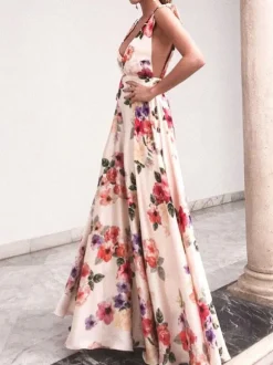 Floral Chiffon Backless Women Maxi Dress - Cream Boho Tie Shoulder A Line Sundress - Summer Beach Wedding Guest Party 2026
